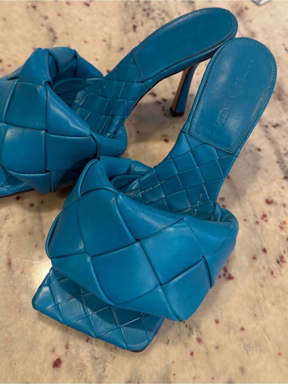 Bottega Veneta Turquoise Intrecciato Knot Leather High-Heel Mules